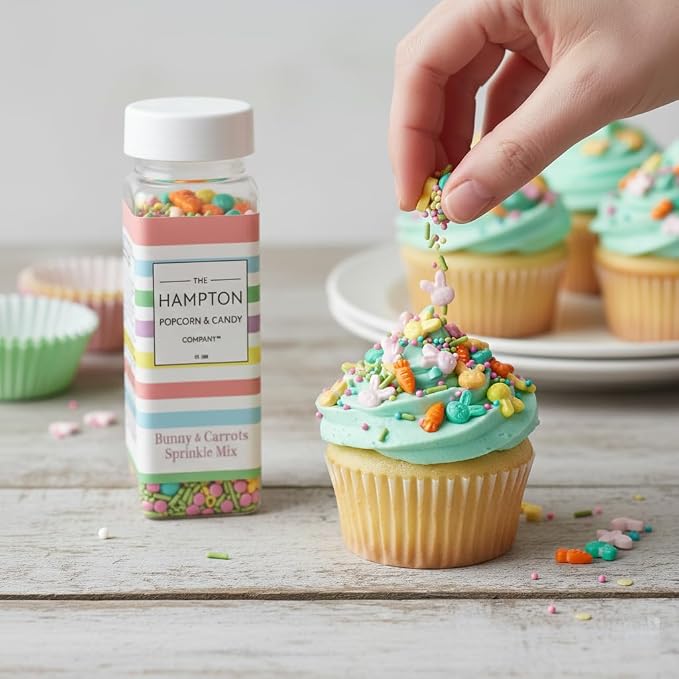 Bunnies & Carrots Sprinkle Mix Blue, Pink, Yellow, Orange, Green and Purple 4.23 oz, Easter Sprinkles For Cake Decorating, Baking, Ice Cream & More, The Hampton Candy Company