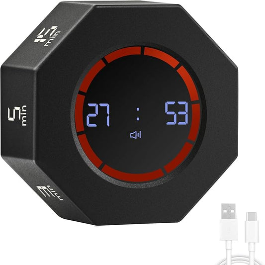 Small Rechargeable Pomodoro Timer, Gravity Sensor Auto-Rotating 7 Preset Times (1/3/5/15/30/60/90 min) & Count Up Mode, Digital Kitchen Timers for Cooking, Work and Study (Space Gray)