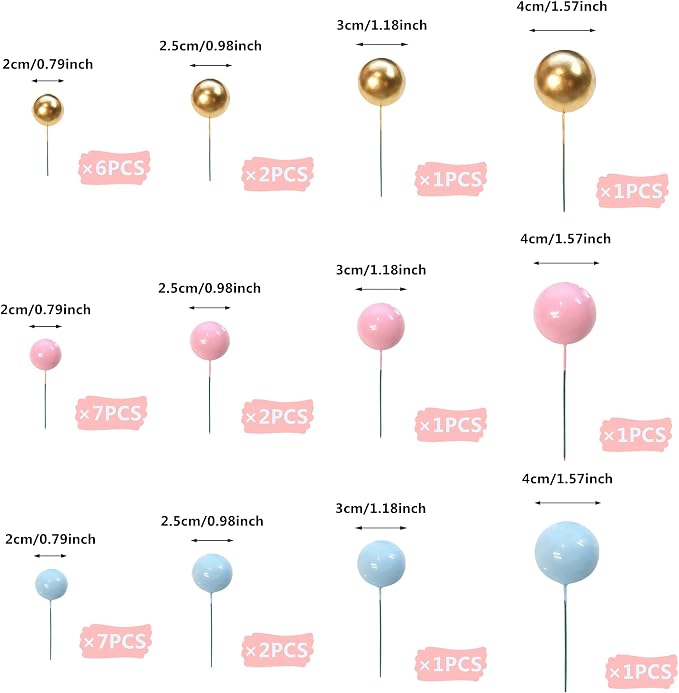 Ball Cake Topper Ball Cake Picks Colorful Pearl Ball Shaped Cupcake Insert Cake Topper for Bear Theme Birthday Party Favors Wedding Decoration Supplies (Gold Pink Blue)