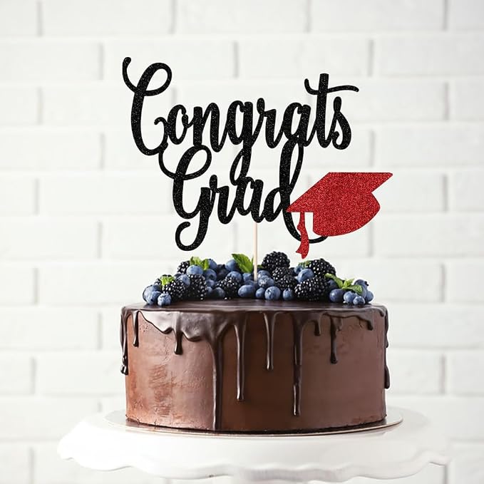 Congrats Grad Cake Topper,2026 Graduation Cake Topper, Congrats Grad Decorations,2026 High School/College/Senior Graduation Party Decorations Supplies. (Congrats Grad Black red)