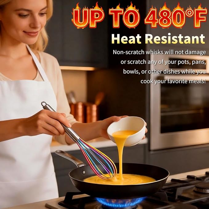 Silicone Whisk Set,Stainless Steel Handle Whisk 8" 10" 12" Rubber Whisks Cooking Non Scratch High Heat Resistant,Balloon Egg Beater for Whisking,Beating,Blending Ingredients,Mixing Sauces,Rainbow