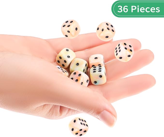 36 of Pack 12MM 6 Sided MINI Dice Set,Mixed Colours Swirls D6 Game Dice Set, 6 Sided Standard Dices for Yahtzee, Bunco,with Portable Plastic Box(Orange, Yellow, Blue, Green)