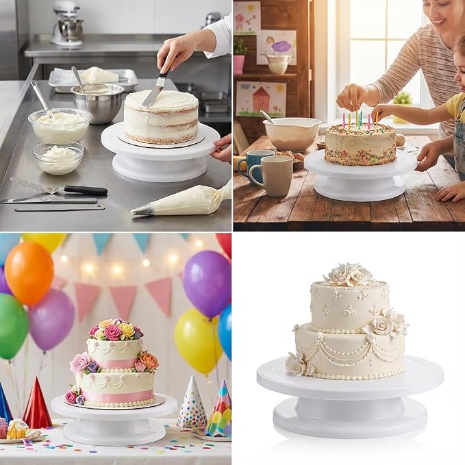 11 Inch Cake Turntable, Smooth 360° Rotating Cake Stand with Non-Slip Base, Professional Food-Grade Cake Decorating Supplies & Baking Spinning Spinner for Display, White