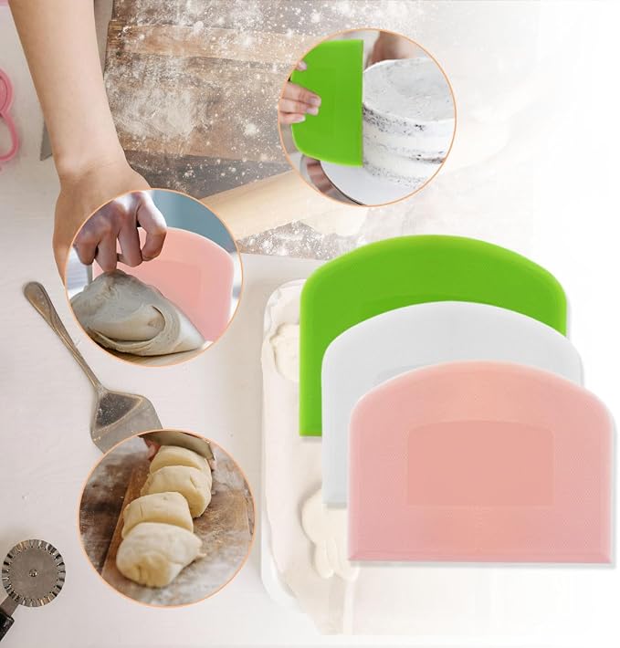 6 Pack Plastic Bench Scraper, Flexible Dough Scraper, Flexible Plastic Multipurpose Kitchen Pastry Cutter Tool, for Bread Cake Dough (White, Green, Pink)