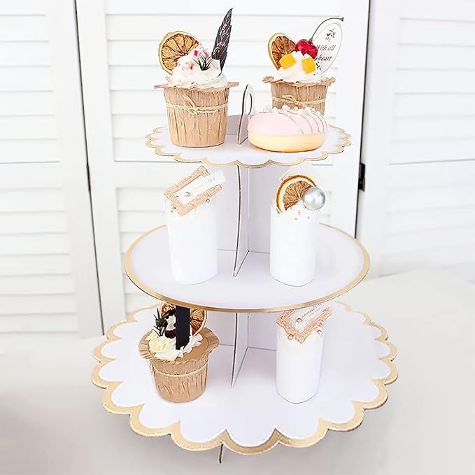 2 PACK Cardboard Cake Stand, 3 Tier Paper Dessert Round Cupcake Holder Tower Disposable Pastry Stand for Birthday, Afternoon Tea,Wedding Party Anniversary Christening Fruit Desserts Display…