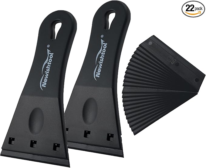 NewishTool Plastic Razor Scraper with 3-Inch Blade, Pack of 2 with 20 Extra Blades for Glue Residue Labels, Decals & Stickers on Windows & Glass