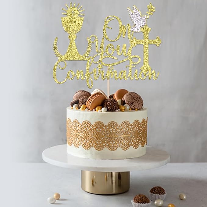 Gold Glitter Communion Cake Topper-Suitable for Ramadan, Religious Baptism, Baby Shower Birthday Party Decorations, Children's Birthday, God Bless, Wedding Party Decorations