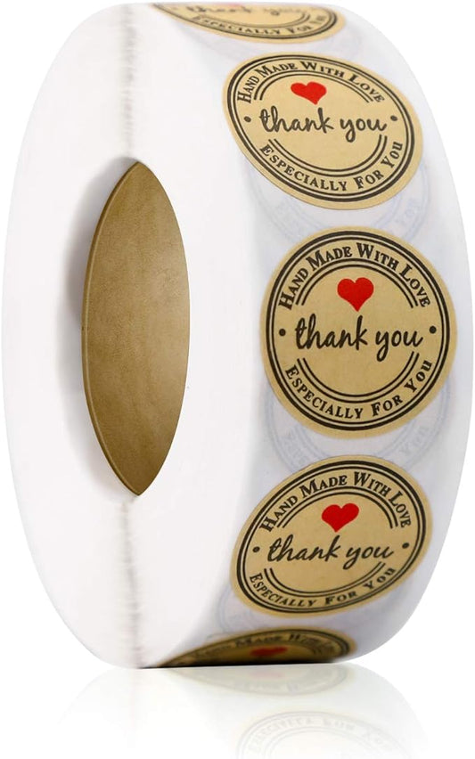 500pcs YOGET 1.5 Inch Round Handmade with Love Sticker,Thank You Stickers Roll Kraft Paper Strong Adhesive Stickers
