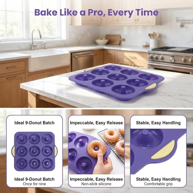 Limen Silicone Donut Baking Mould Tray, 9-Cavity Non-Stick Ring Cake Pan with Center Posts and Dual Side Handles for Oven Baking 11.5x10.12 in(Blue)