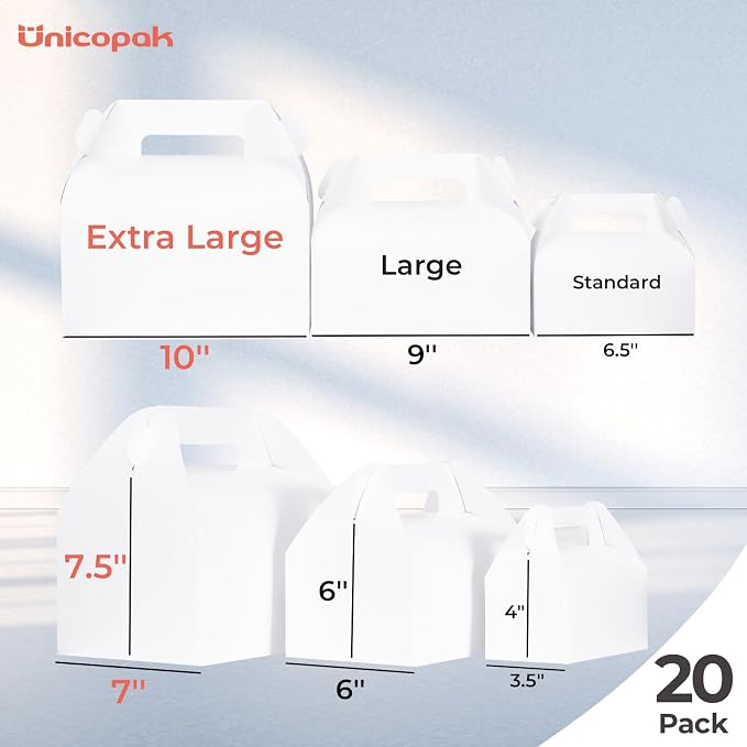 UnicoPak 20 Pack 10x7x7.5 Extra Large Gable Boxes, White Gift Boxes with Handle Lunch Boxes To Go for Birthday Wedding Party Favors Picnic Welcome