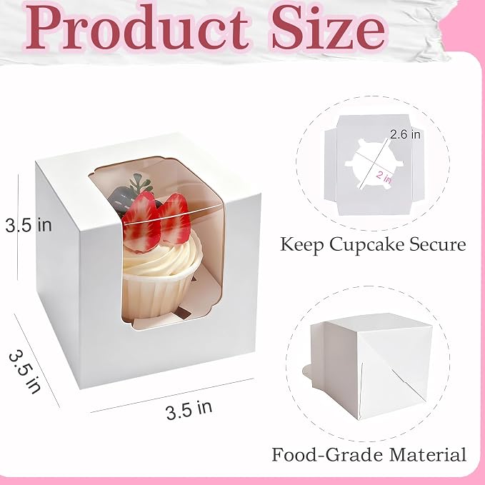 30 Pack Single Individual Cupcake Boxes with Window & Inserts, Auto Pop Up Stackable Food Grade Disposable Muffin Containers 3.5x3.5x3.5 Inch White To Go Bakery Party Favor Gift Boxes