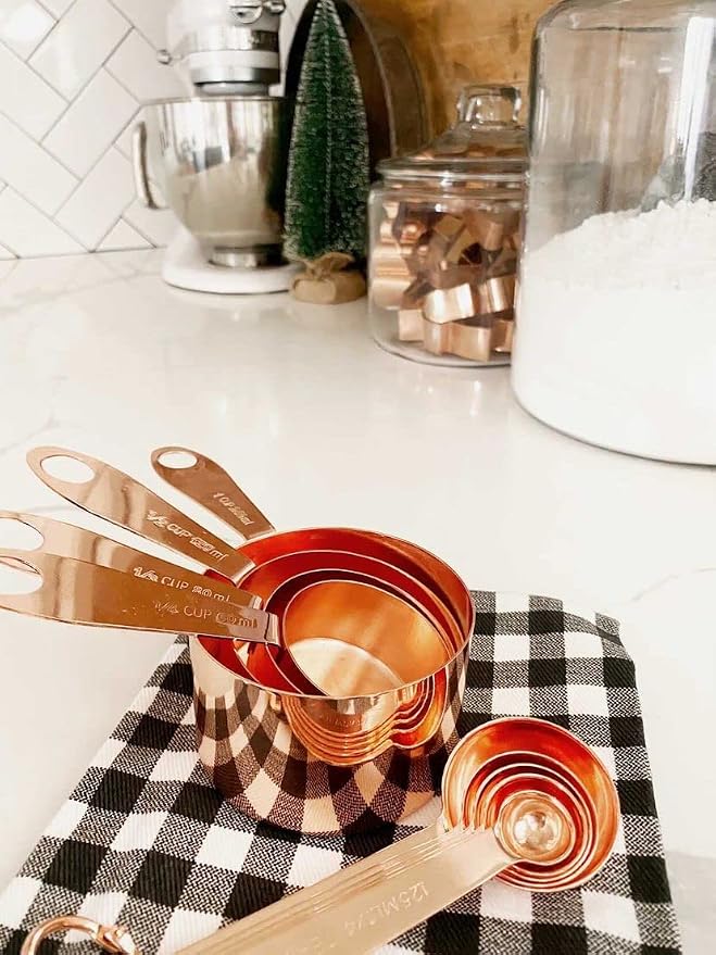 Copper Measuring Cups and Spoons Stainless Steel 9 pieces with 2 Rings