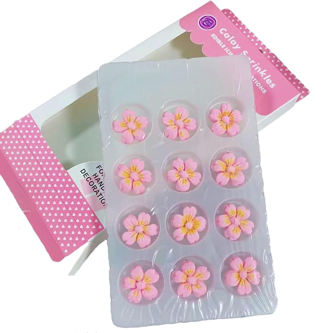 Sentovac 12 Pcs Pink Flowers Icing Decoration Edible Candy Dessert Valentine Sprinkles DIY For Cookie Cake Cupcake Topper Icing Frosting Decoration Supplies