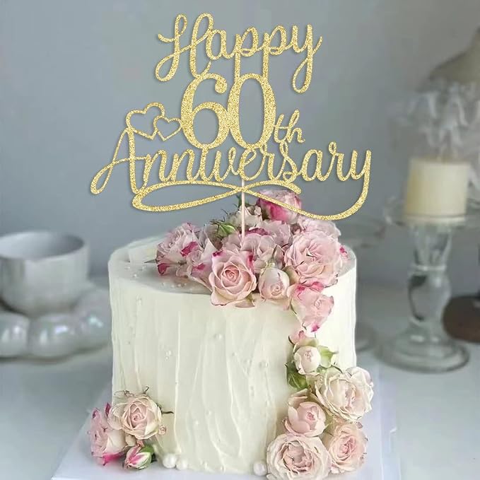 Sleyberoy Gold Glitter Happy 60th Anniversary Cake Toppers -Wedding Anniversary Party Decorations, 60th Wedding Anniversary, Company Anniversary Party, Birthday Party Decorations (60 Gold)