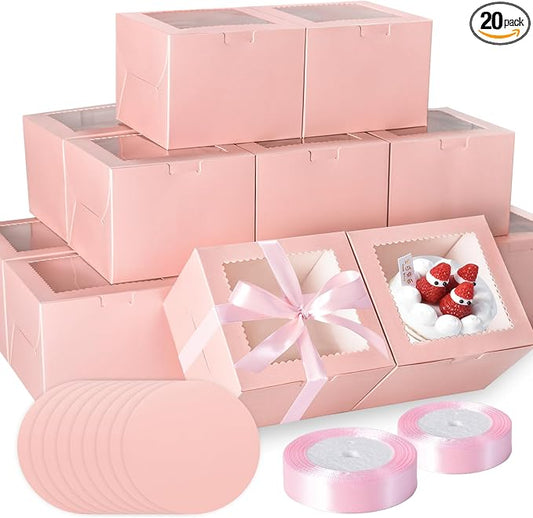 KPOSIYA 40pcs 8x8x5 inches Cake Boxes with Cake Boards（20 Boxes & 20 Boards）, Pink Bakery Boxes with Window,Cajas Pasteles Cupcake Carriers Treat Containers for Dessert Pastries, Mother's Day