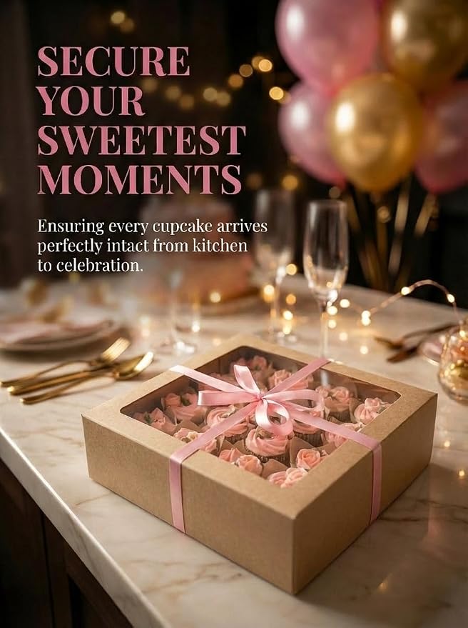 Bakepacker Auto-pop Up Cupcake Boxes with Window Brown 40PCS 12 Count Cupcake Box 13"x10"x3.5" Cupcakes Carrier, 12 Cupcake Containers with 2 rolls of pink ribbons