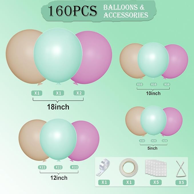 Dusty Purple Green Nude Balloon Garland Arch Kit, 160Pcs Boho Blush Pastel Green Light Brown Balloons for Baby Shower Birthday Wedding Wildflower Party Decoration