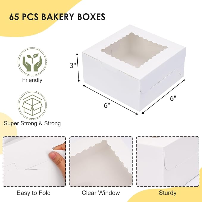 TOMNK 65pcs Cookie Boxes, 6x6x3 Inches Treat Boxes with Window, White Bakery Containers for Small Pie, Chocolate Covered Strawberries, Cupcake and Pastry