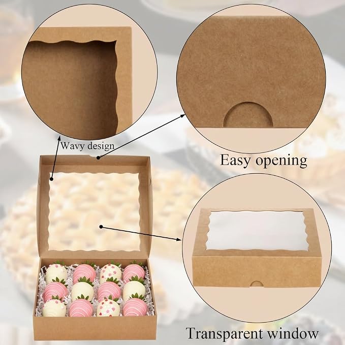 50PCS 9x9x2.5 Inches Brown Bakery Boxes with Window, Pastry Box for Chocolate Strawberries, Macarons, Truffles, Perfect for Thanksgiving Day, Mother's Day, Christmas Party Favors & Holiday