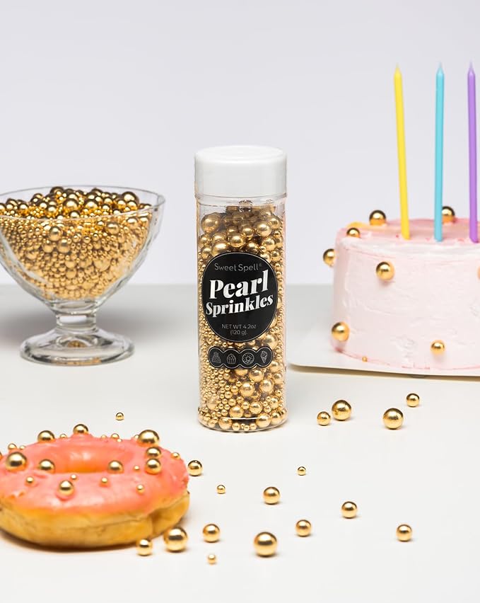 Sweet Spell Gold Pearl Sprinkles for Cake Decorating (120g/ 4.2oz) - Sugar Candy Ball Pearls for Cupcakes, Ice Cream Toppers, and Baking Cake Decoration