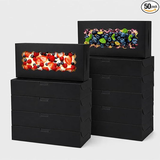 50 pcs Black Cookie Box,12x5.5x2.5 Inch Bakery Boxes with Window Pies Chocolate Strawberries Muffins Biscuit Pastry Dessert Box For Packaging