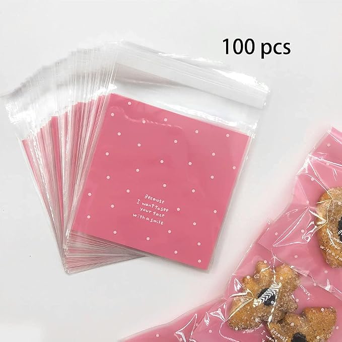100pcs Pink Self-Adhesive Treat Bags – Small Cellophane Cookie Bags for Candy, Bakery, Party & Wedding Favors (3.94” x 3.94”)