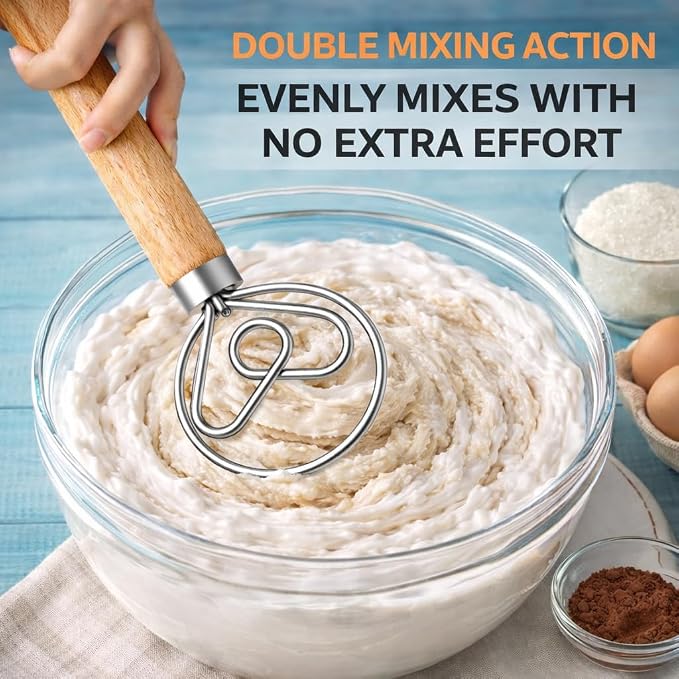 Danish Dough Whisk for Sourdough – Thick Stainless Steel Dutch Whisk with Ergonomic Oak Handle – Heavy-Duty Dough Mixer for Bread & Baking