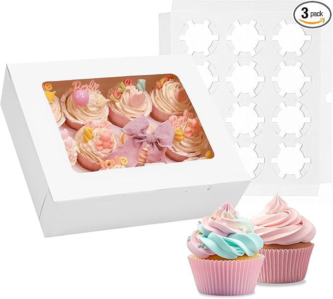 Moretoes 3 Pack Cupcake Boxes, Hold 12 Standard Cupcakes, Cupcake Containers with Window, Hold 36 Pastries, Disposable Graduation Party Boxes for Cupcakes Desserts(White)