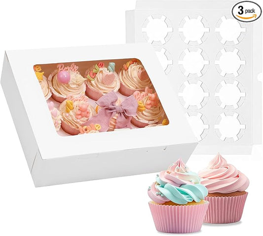 Moretoes 3 Pack Cupcake Boxes, Hold 12 Standard Cupcakes, Cupcake Containers with Window, Hold 36 Pastries, Disposable Graduation Party Boxes for Cupcakes Desserts(White)