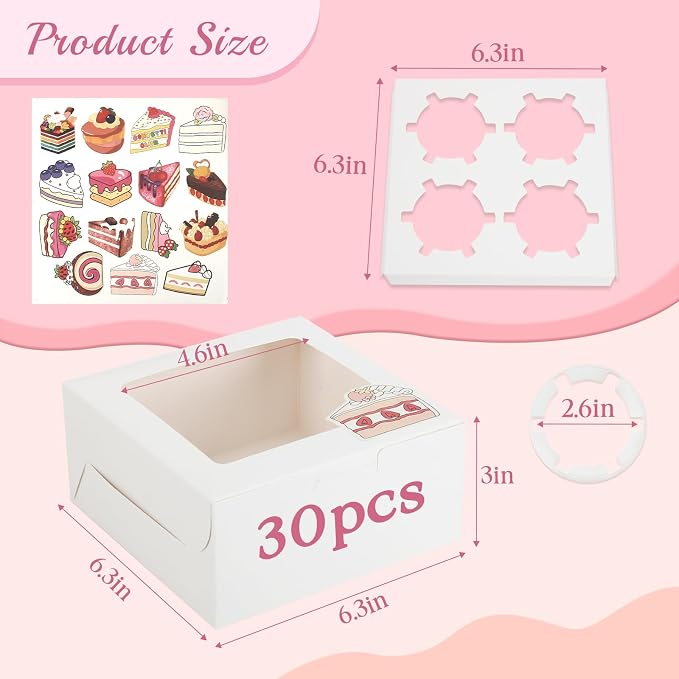 OAMCEG 30 Pack Cupcake Boxes with Window, 6x6x3 Inches Cookie Boxes, Bakery Treat Boxes for Pastry, Desserts, Chocolate Strawberries, Cupcake Containers, Gift Giving with Stickers & Twine （White）