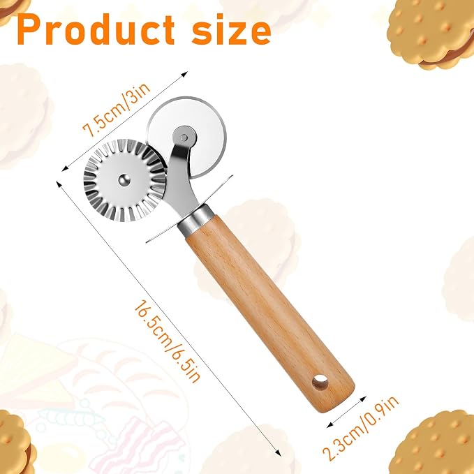 Oruola Pasta Wheel Cutter, Double Fluted Pastry Cutter Wheel,Double-Blade Ravioli Cutters,Stainless Steel Double Roller Dough Cutters with Wooden Handle for Pizza,Ravioli,Cookies