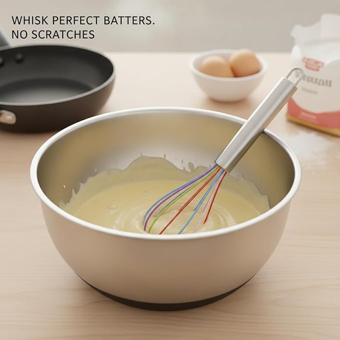 Multipurpose Silicone Whisk for Batters, Sauces & Eggs - Non-Scratch Coated Wires with Stainless Steel Core, 13 Inch Kitchen Tool