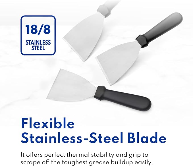 New Star Foodservice Stainless Steel Slant Edge Grill Scraper with Black Plastic Handle, 4 x 8.5 Inch Restaurant Grade Griddle Scraper, Flat Top Scraper, Grill Cleaning Tool