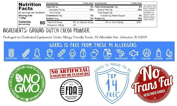 Gerbs Dutch Cocoa Powder 4 lbs. | 22-24% Cocoa Butter Fat, Resealable Bag | Rich, Smooth Dutch Process | Top 14 Allergen-Free