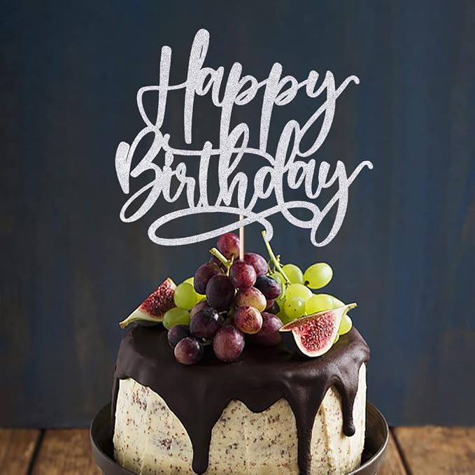 Kaoenla Silver Happy Birthday Cake Decoration-boys and girls, men and women Birthday/Anniversary cakes Selected decorative (Silver)