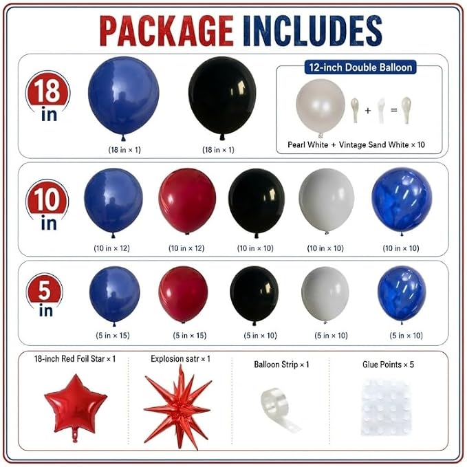 Black Red Blue Balloon Arch Garland Kit, Spider Themed 4th of July Patriotic Balloons Double Stuff Red Navy Blue Black Gray Pearl White Balloon for Kids Boys Baby Shower Birthday Party Decorations
