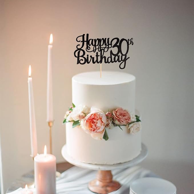 1 PCS Happy 30th Birthday Cake Topper Glitter Cheers to 30 Years Birthday Cake Pick 30 Fabulous Cake Decoration for Happy 30th Birthday Anniversary Party Decorations Supplies Black