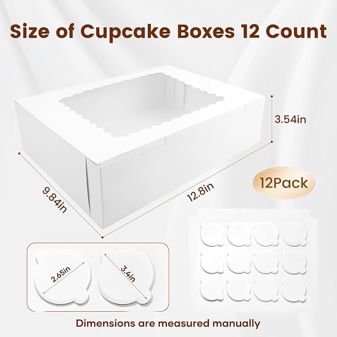 12PCS Cupcake Boxes 12 Count Cupcake Container with Window White Cupcake Holder Holding 144 Cupcakes for Birthday Holiday Party Bakery Supplies