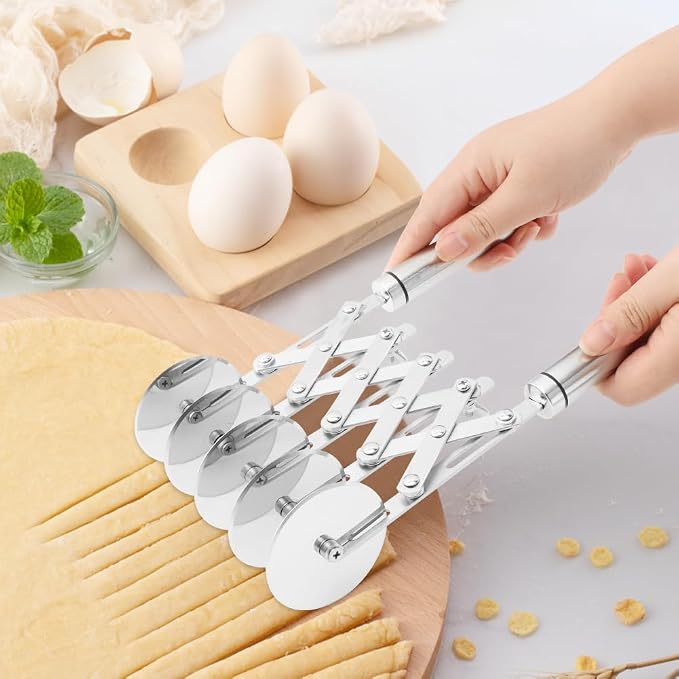 5 Wheel Pastry Cutter, Stainless Steel Dough Divider with Handle, Expandable Dough Cutter Wheel with Handle, Multi-Round Pastry Knife, Pizza Cutter Roller and Pie Server(Silver)