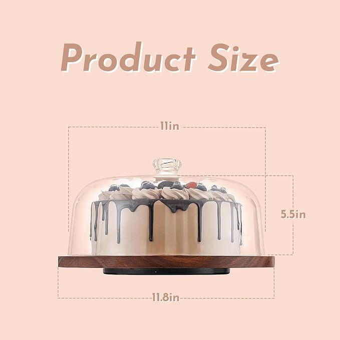 Acacia Wood Cake Stand with Acrylic Dome Lid, Cake Holder 360° Rotating, Dessert Display Stand with Dome Cover, Charcuterie Boards for Cheese, Chips, Fruit, Cake Board, Cake Plate for Party, Wedding