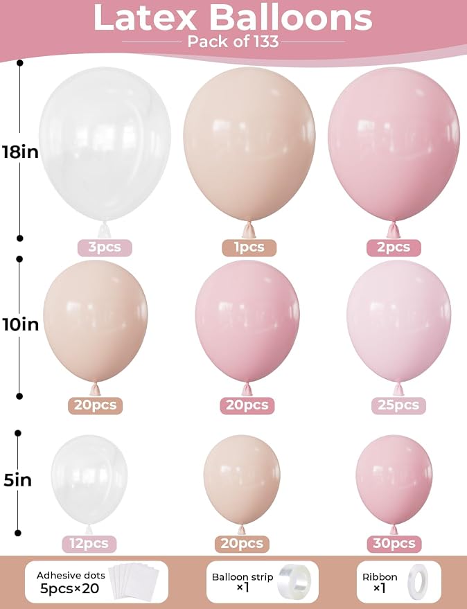 Light Pink Balloon Arch Kit - 133PCS Pastel Macaron Pink, Light Orange, and Clear Balloons for Girl's Birthday, Baby Shower, Gender Reveal, Bridal Shower, Wedding Decor