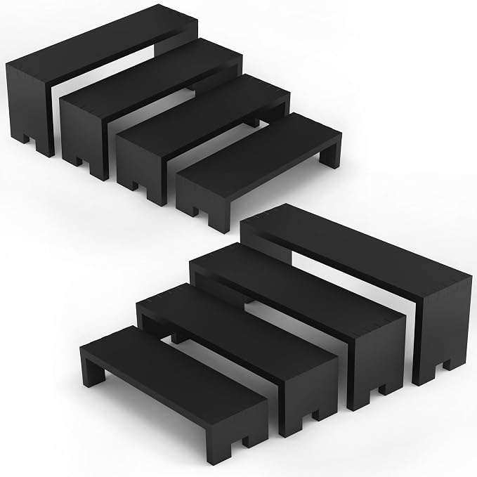 Yikaroeli 2 Set Large Black Display Riser Perfume Display Stand Cologne Shelf Wood Risers for Display,11"-8.6" Graduated Sizes,4Tiered 8Pcs Display Stands for Vendors Event