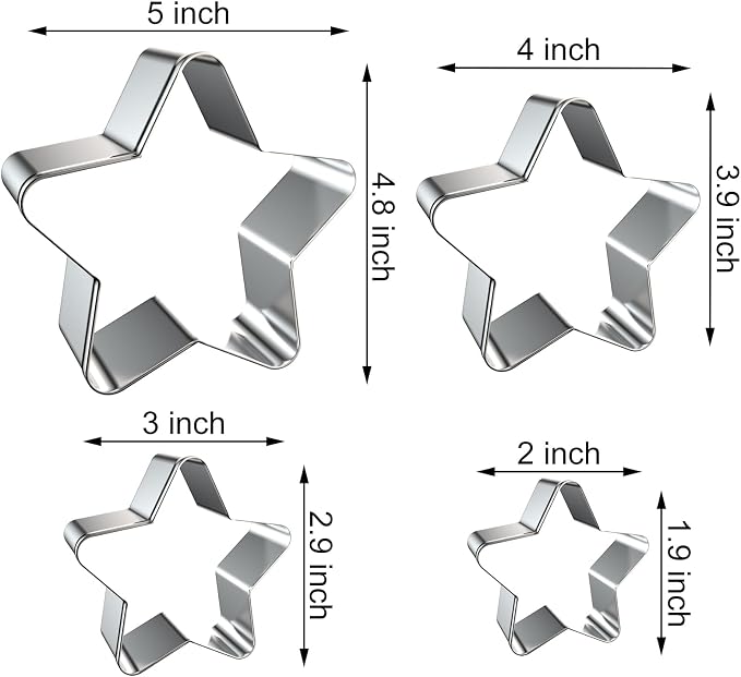 Stars Cookie Cutter Set Large - 5 inch, 4 inch, 3 inch, 2 inch - Rounded Pentagram Star Cookie Cutters Shapes Molds - Stainless Steel