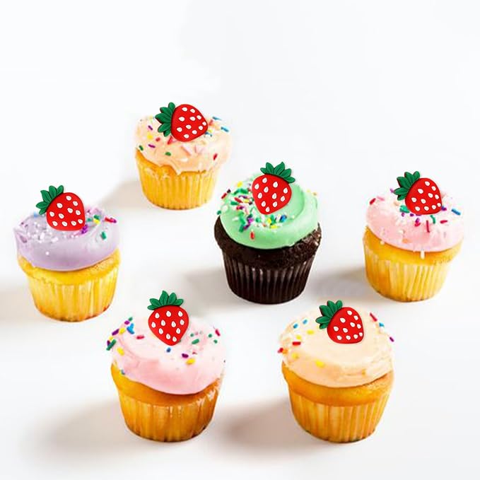25Pcs Artificial Strawberry Cupcake Toppers 2D Red Strawberries Cupcake Picks Table Decorations for Strawberry Baby Shower Kids Boys Girls Birthday Sweet Fruit Bridal Shower Wedding Party Decorations