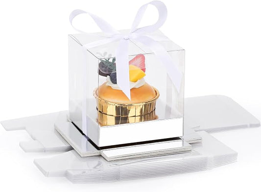 EUSOAR Clear Cupcake Wrappers, 12pcs 3.5 Inch Plastic Individual Tall Cupcake Box, Single Transparent Cupcake Holder Carrier with Ribbon and Inserts for Wedding Party Favor- Silver