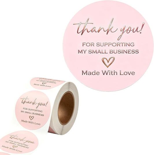 500 Pcs Thank You Stickers Roll, 1.5 Inch Thank You for Supporting My Small Business Stickers, Self Adhesive Labels for Packaging, Bakery Bags, Gift Wrap, Envelopes and Small Business Supplies (Pink)