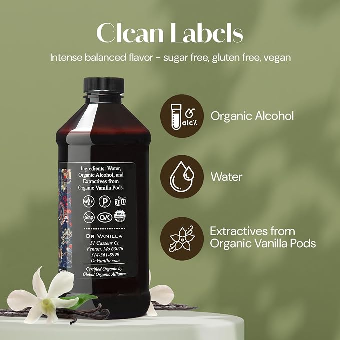 Organic Vanilla Extract, 16 fl oz - Madagascar Bourbon vanilla, 100% natural, sugar‑free, GMO‑free, gluten‑free, vegan, paleo, keto, and kosher