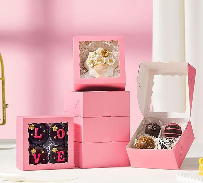 80 Pack 4x4x2 Pink Bakery Treat Boxes with Clear Window for Cookies, Mini Cake, Cinnamon Roll, Chocolate Truffle, Wedding Favor