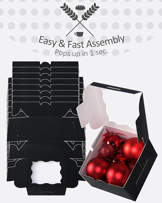 qiqee Black Bakery Boxes with Window 4*4*2.5inch/100Packs Mini Cookie Boxes Macaron boxes Small Donut Pastry Boxes for Party (5 Diferent Gift Include)