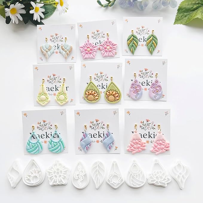 Xaekicr 9 Pcs Boho Polymer Clay Cutters with Hole - Lotus, Leaf & Mandala Shape Jewelry Making Tools for Earrings & Pendants, Soft Clay Molds